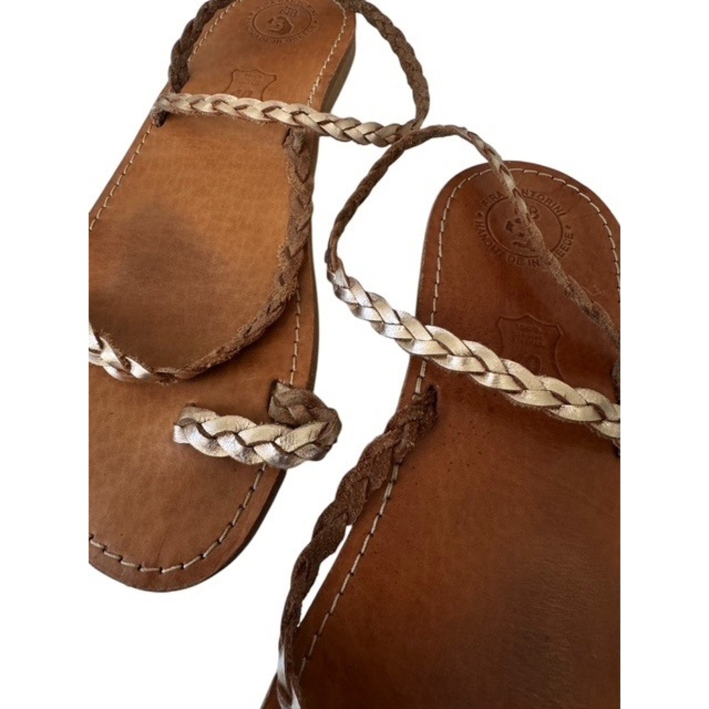 Fira Santorini Greek Leather Sandals Braided Gold Tan Boho Flat Slides Size 40 - Picture 2 of 4